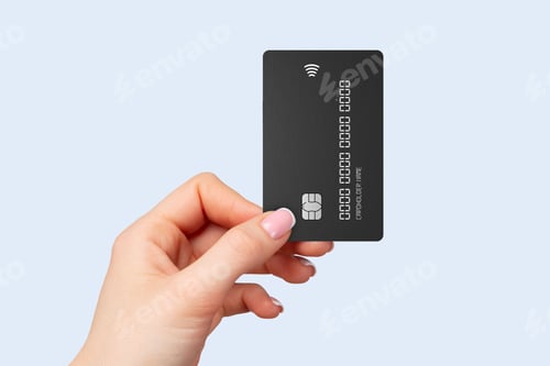 Preview: Hand holding black credit card with contactless symbol.