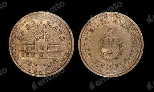 Preview: Shiny gold coins resting on a sleek black surface: Argentina, one peso coin