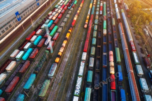 Preview: Aerial view of colorful freight trains