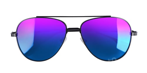 Preview: New stylish aviator sunglasses with color lenses on white background, top view