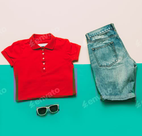 Preview: Clothes Lay Flat: Red Shirt with Denim Shorts
