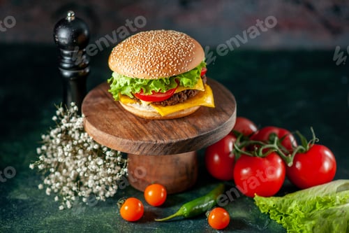 Preview: front view meat hamburger with tomatoes on dark background bun kfc color fast-food french fries