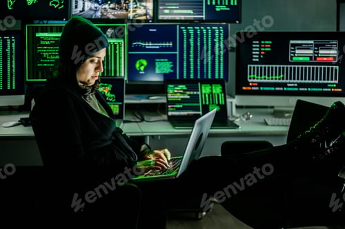 Preview: Professional female hacker typing virus code on laptop for cyber attack