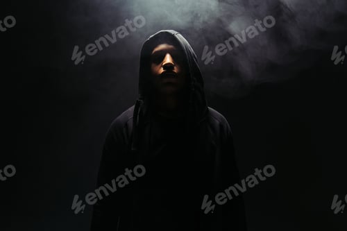 Preview: African american hooligan in hoodie standing on black background with smoke