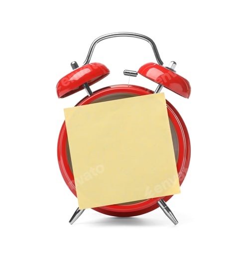 Preview: Alarm clock with empty sticky note on white background. Time concept
