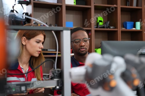 Aperçu: Engineers are working at 3D printing workshop.