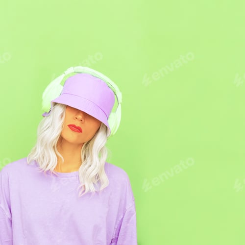 Preview: Hipster Dj Girl in stylish headphones and bucket hats. Minimal monochrome colours design trends