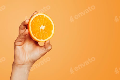 Preview: Close up of hand holding a piece of lemon over yellow background