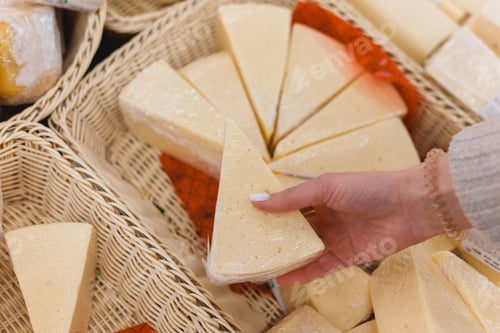Preview: Hand with a piece of cheese in supermarket