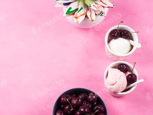 Preview: Two ice cream cups with cherries on pink