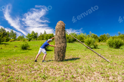Preview: Young man pushing against a haystack on a sunny summer day
