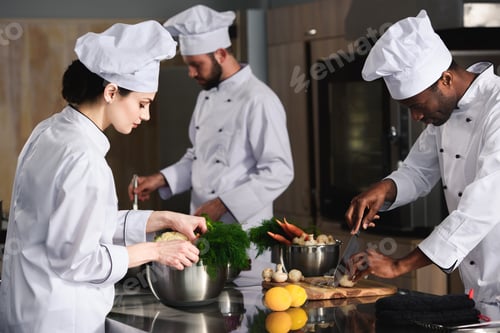 Preview: Multiracial team of cooks cooking by kitchen stove in restaurant