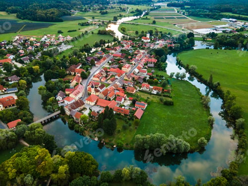 Preview: Kostanjevica na Krki Town on River in Slovenia. Aerial Photo Drone View