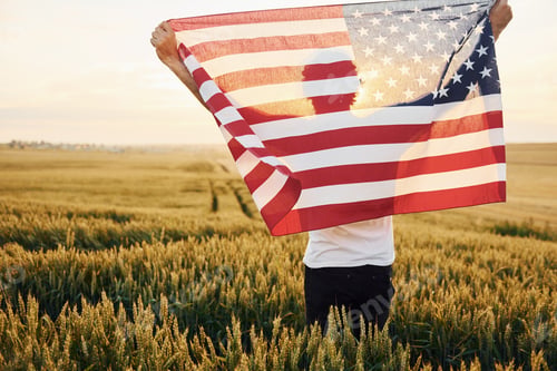 Preview: Patriotic senior stylish man with grey hair and beard on the agricultural field