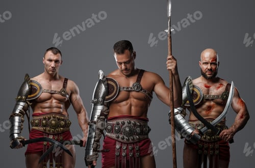 Preview: Warriors gladiators with swords and spear against gray background