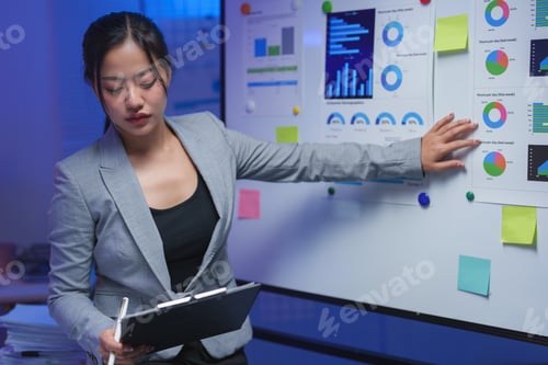 Preview: Young businesswoman holding a clipboard and pointing at graphs and charts on a whiteboard while givi