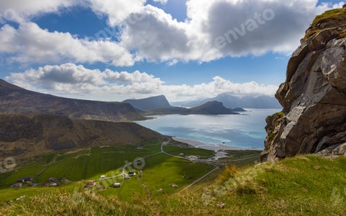 Preview: Haukland and Vik Beach at Vestvagoy Island from a Mountain top at Lofoten, Nordland, Norway