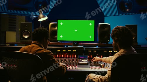 Preview: Diverse producers mixing and mastering tracks with mockup display on computer