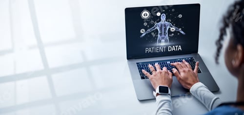 Preview: Doctor, hands or laptop in abstract scan with futuristic healthcare, wellness analytics or cybersec