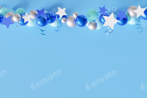 Preview: Blue background with garland from balloons, stars, copy space. It's a boy backdrop with empty space
