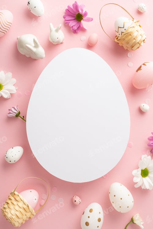 Preview: Classy Easter motif picture. Vertical top view shot of eggs, lively chrysanthemums