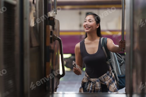 Preview: Tourist getting off train at station, starting vacation trip
