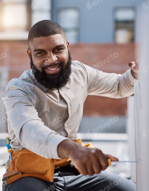Preview: Portrait, engineer and air conditioner install with a black man on a roof for construction or manua