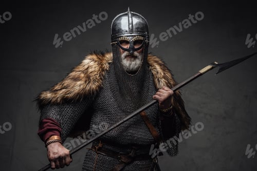 Preview: Violent viking fighter dressed in authentic armored clothing