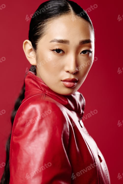 Preview: Fashionable asian brunette in red leather jacket posing against red background with hair in ponytail