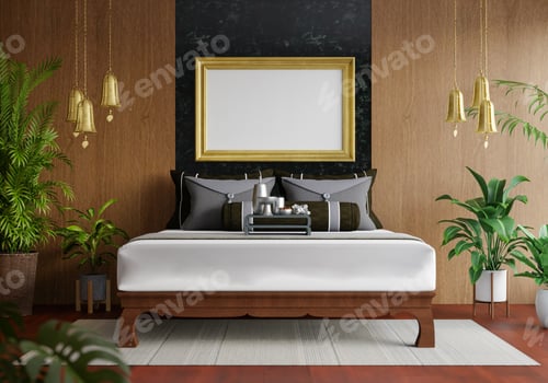Preview: 3D illustration Mockup photo frame in bedroom rendering