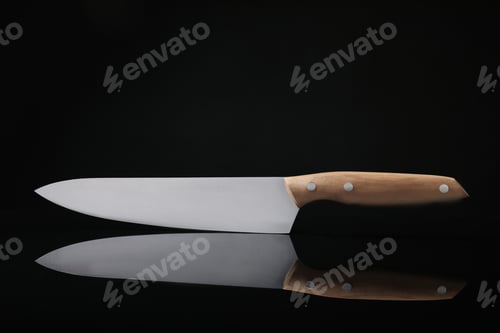 Preview: Sharp knife with wooden handle on black reflective surface