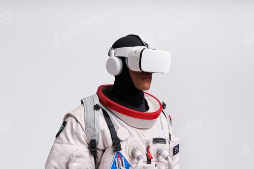 Preview: Ethnic astronaut in spacesuit and VR glasses in studio