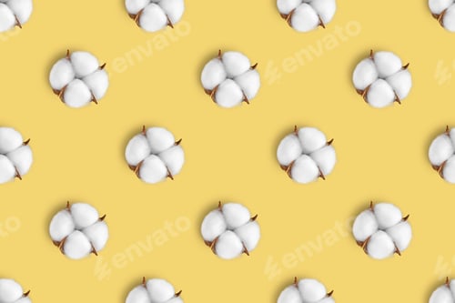 Preview: Cotton Flower Pattern On Yellow Background. Top View, Flat Lay