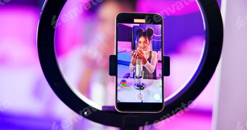 Preview: Phone screen, girl and ring light for live streaming, sound recording and microphone for online fol