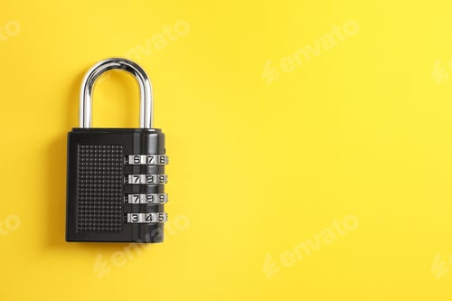 Preview: Steel combination padlock on yellow background, top view. Space for text