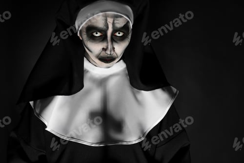 Preview: Portrait of scary devilish nun on black background, space for text. Halloween party look