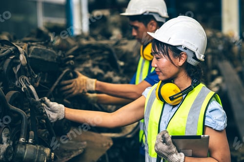 Preview: Engineer employee team women worker working together with man work in dirty junkyard old used auto c