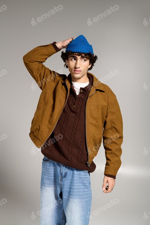 Preview: Stylish young man in trendy outfit poses confidently with a playful touch