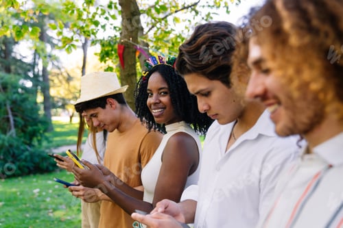 Preview: Young people using smartphones at a birthday party in the park