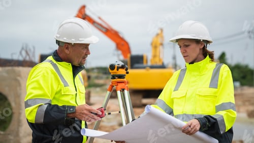 Preview: The survey team is using a theodolite and road construction plans.