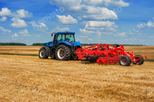 Preview: Farmer blue tractor working in a field, agricultural machinery in the work