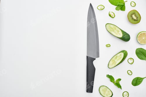Preview: top view of knife, fresh cucumbers, kiwi, lime, peppers and greenery