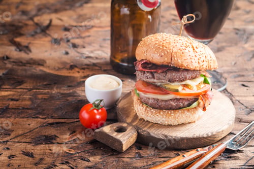 Preview: Hamburger and dark beer in vintage style