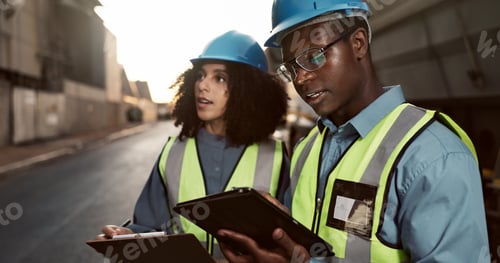 Preview: Construction, discussion and people on tablet for planning, teamwork and maintenance. Civil enginee