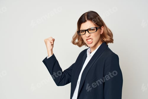 Preview: Business woman in suit gestures with hand emotions work Studio