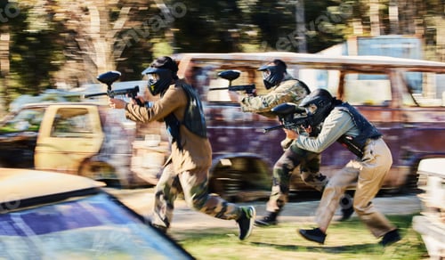 Preview: Team, paintball and army moving on the attack in extreme adrenaline sport, battle or war in the nat