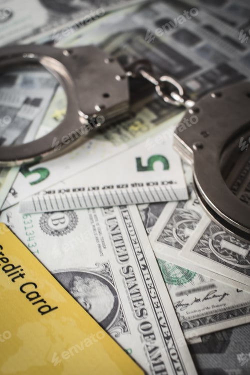 Preview: Closeup shot of metal handcuffs and dollars