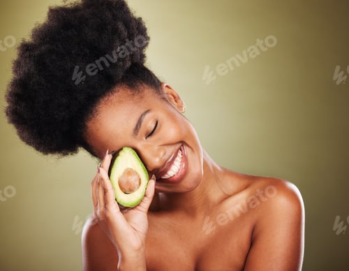 Preview: Avocado, black woman and beauty, skincare and natural cosmetics, nutrition and healthy food for die