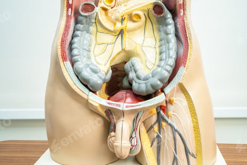 Preview: Human penis with intestine in man body model anatomy for medical training course, teaching