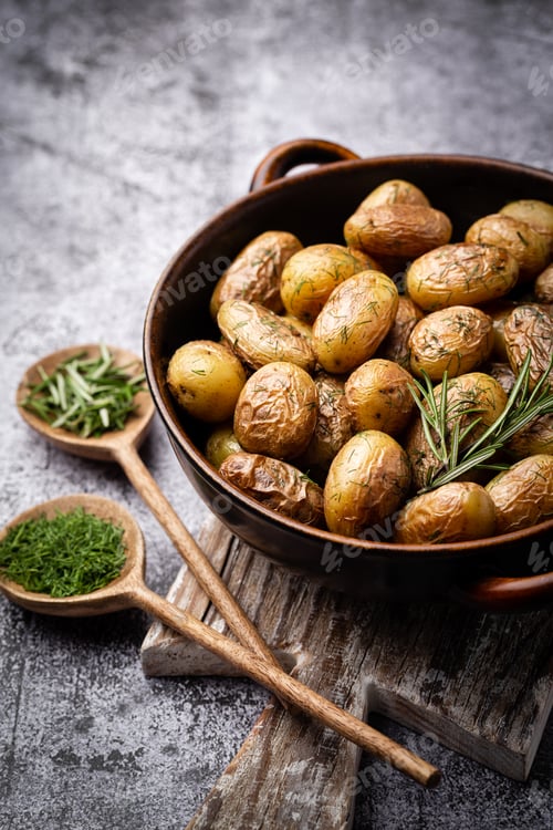 Preview: Pan filled with roasted potatoes shot on rustic wooden table.